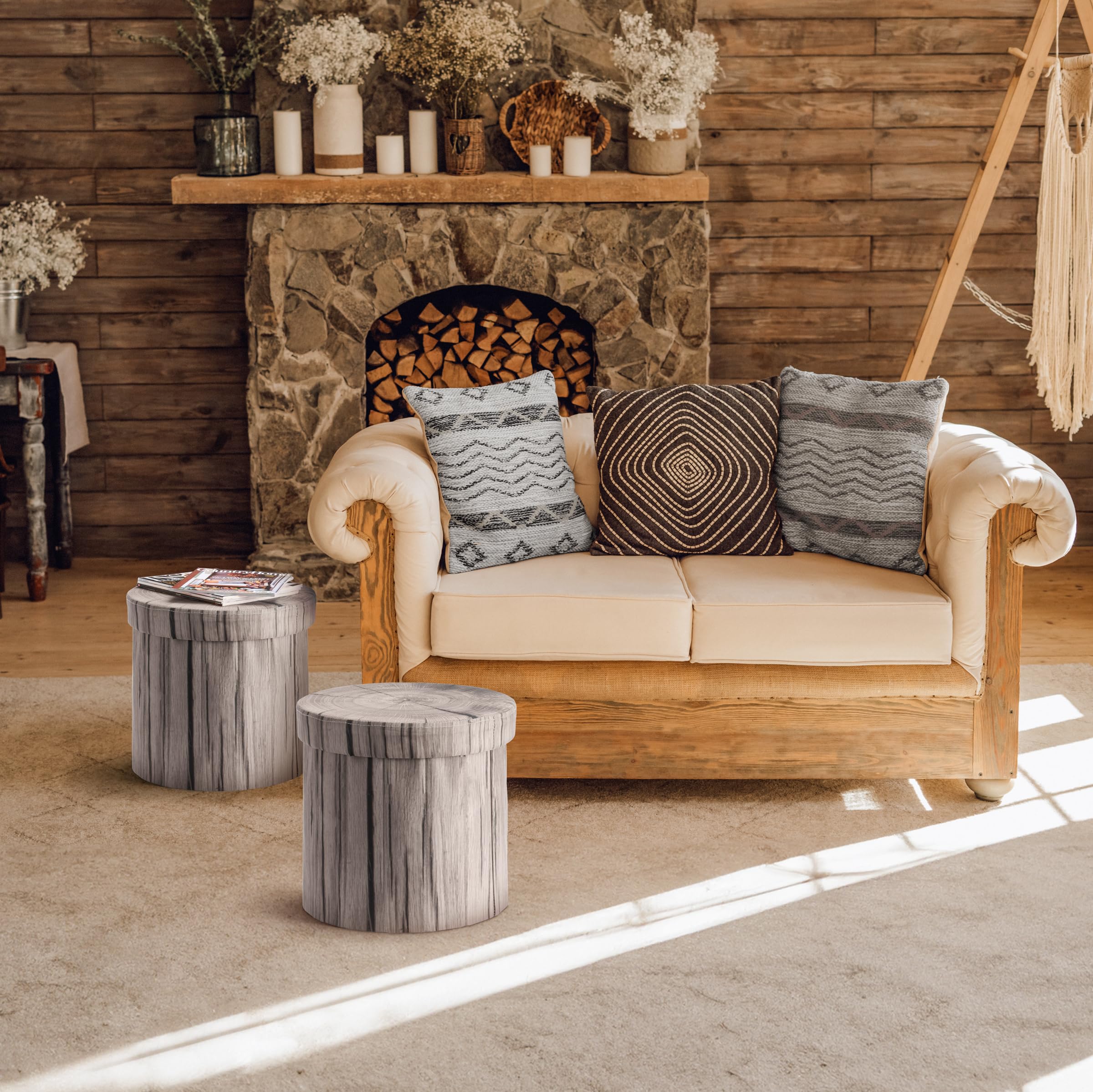 Sorbus Tree Stump Stool, Storage Ottoman 15 Inch Fake Tree Stumps Log Stool Storage, Artificial Tree Trunk, Perfect Footstool Kids Toy Chest, Rustic Log Cabin Decor Bench, Pedestal - Light Gray 2 Pack - Image 4