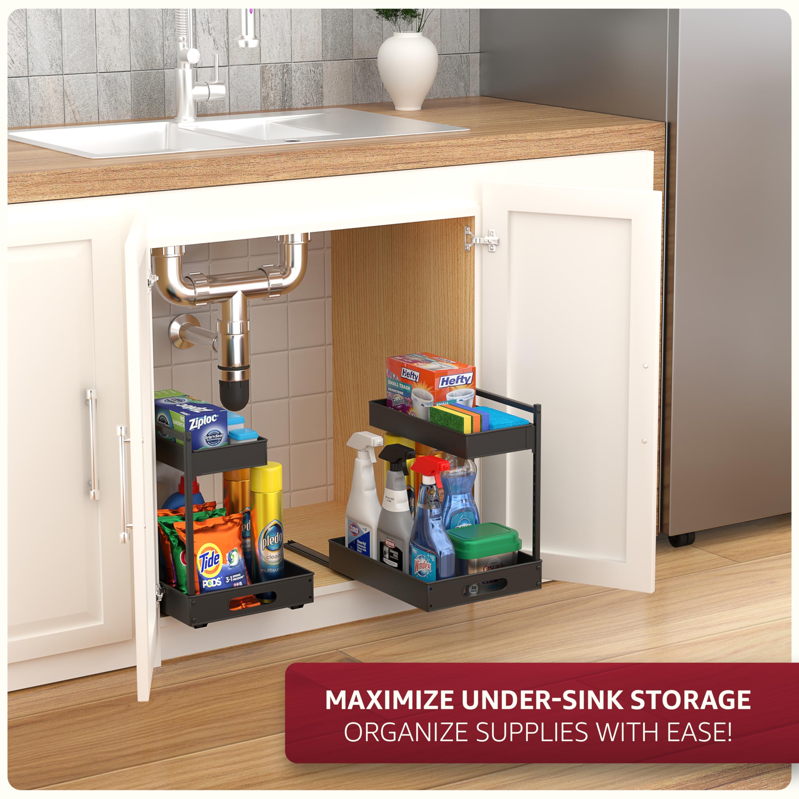 Sorbus Under Sink Organizer with Sliding Tracks – Pull Out Cabinet Organizer with Drawer & Installation Rails – Under Cabinet Bathroom Storage Organizer for Kitchen, Pantry, or Vanity –Black 1 Pack - Image 3