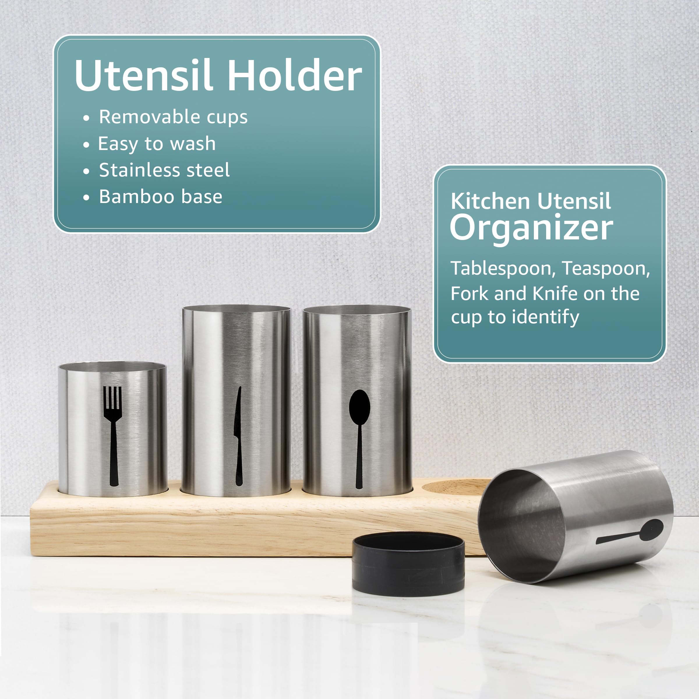Sorbus Utensil Holder,Upright Silverware Holder with Caddy for Spoons, Knives and Forks, Entertaining,Stainless Steel Cutlery Organizer with Bamboo Wood Base - Image 4