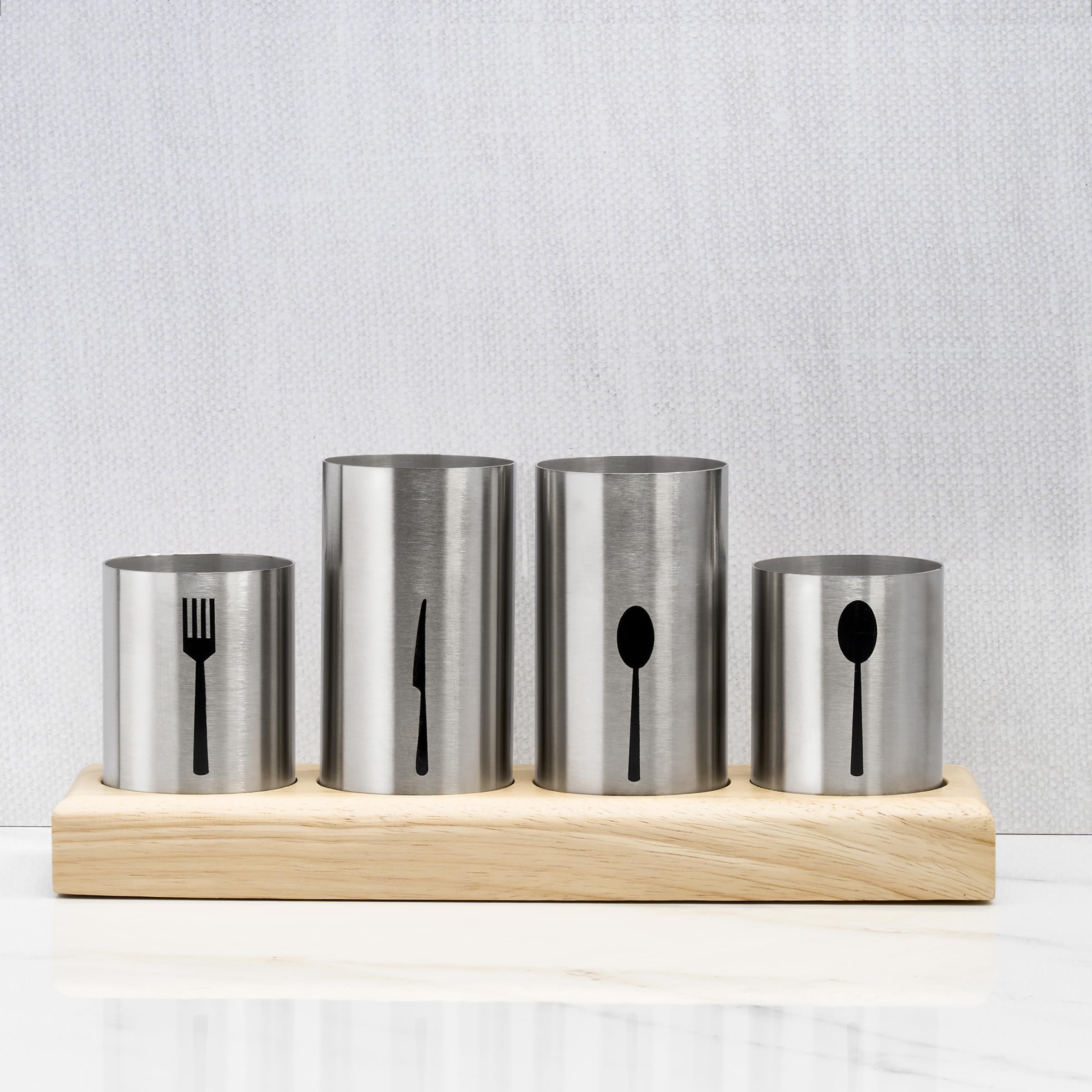 Sorbus Utensil Holder,Upright Silverware Holder with Caddy for Spoons, Knives and Forks, Entertaining,Stainless Steel Cutlery Organizer with Bamboo Wood Base - Image 6