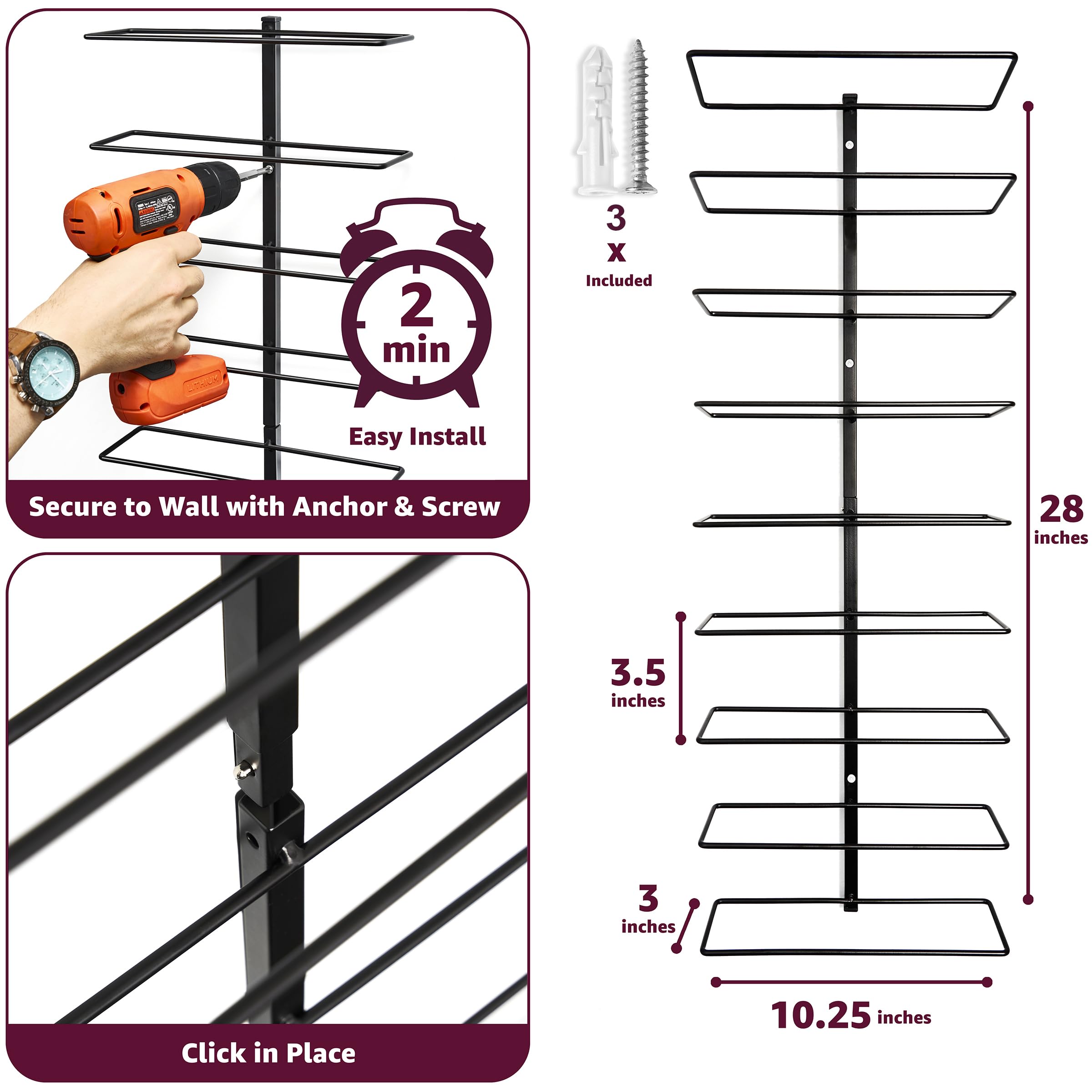 Sorbus Wall Mount Wine Rack 3-Pack – Holds 9 Bottles Each – Black Metal Wine Bottle Holders for Wall, Modern Wine Rack for Home Bar, Kitchen - Image 3