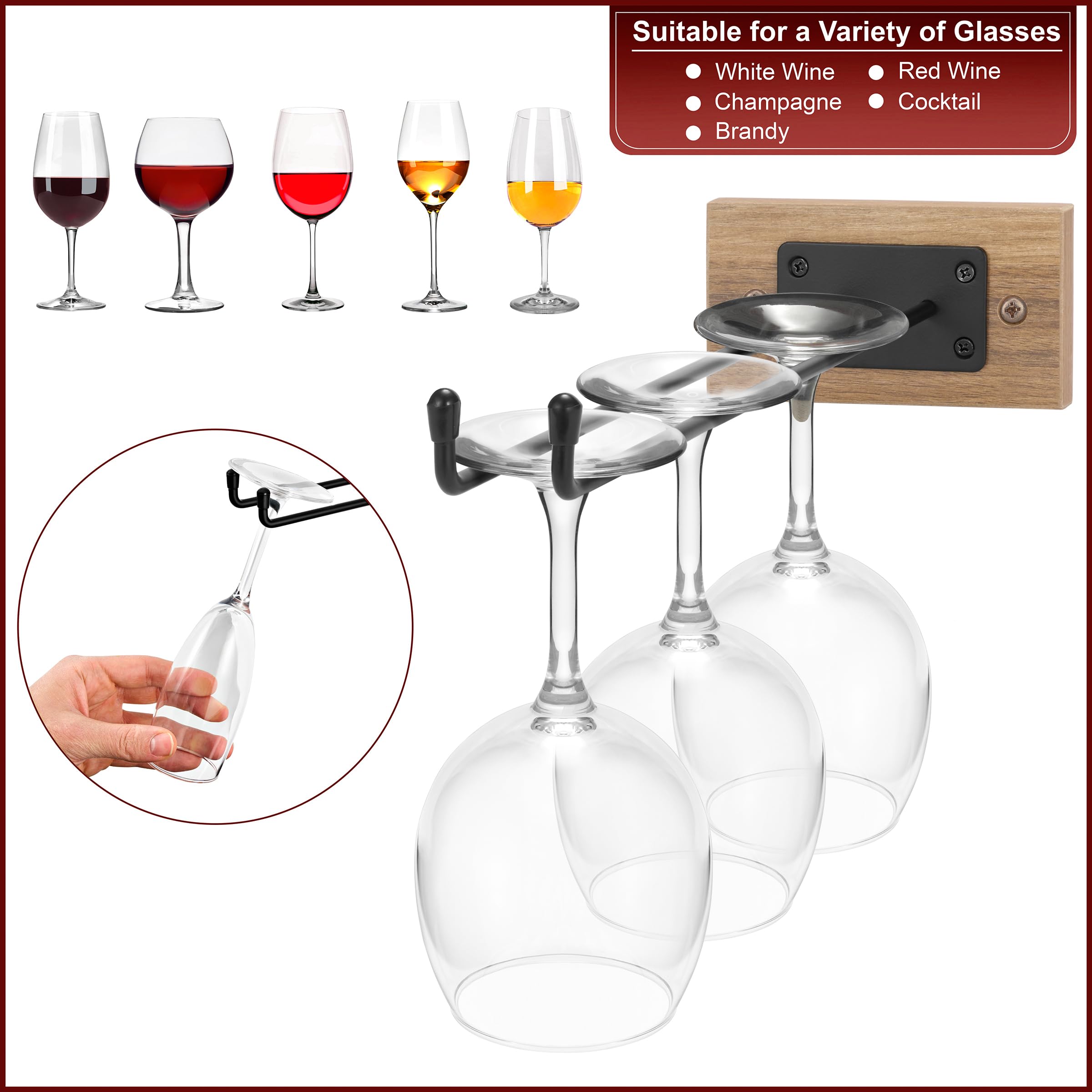 Sorbus Wall Mounted Wine Glass Stemware Rack Set - Wire & Wood Wine Rack Wall Mounted for Wine Glasses, Champagne Glasses, and Drinkware - Complete Your Home Bar & Kitchen Storage, Mahogany - Image 4