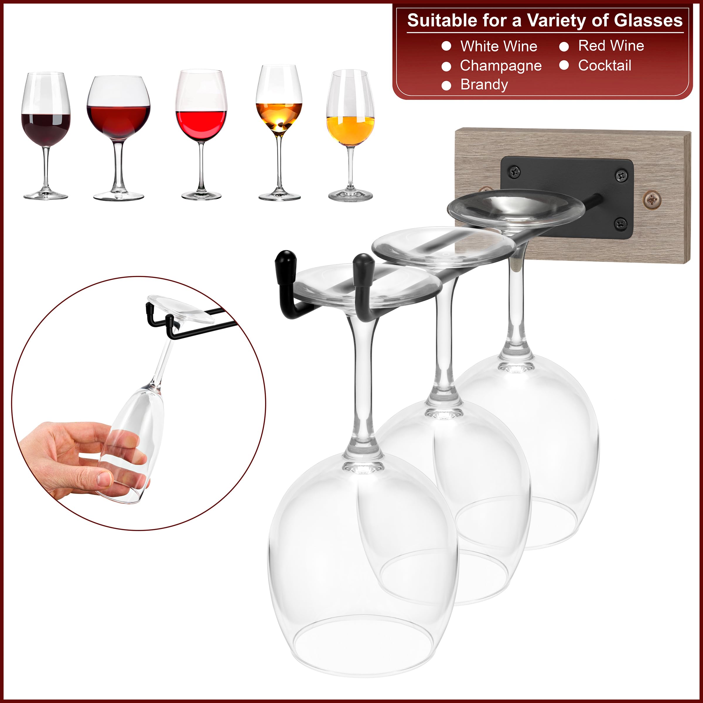 Sorbus Wall Mounted Wine Rack + Stemware Rack Set - Wire & Wood Wine Rack Wall Mounted for Bottles, Liquor, Champagne, Wine Glasses, Champagne Glasses for Home Bar - Image 6