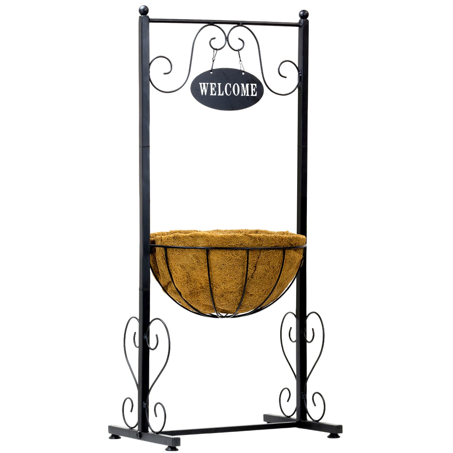 Sorbus Welcome Planter Basket Stand with Coco Liner, Stylish Flower, Plant, and Outdoor Décor for Home, Garden, Patio, Deck, Black Metal - Image 6