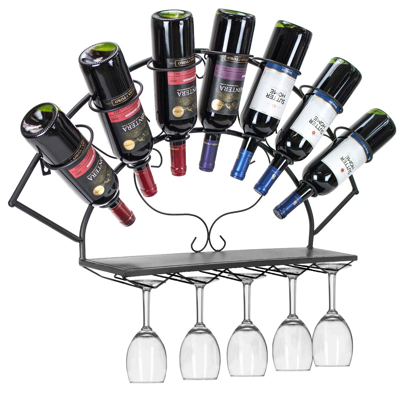 Sorbus® Wine Bottle Stemware Glass Rack Wall Mounted - Bordeaux Chateau Style - Holds 7 Bottles of Your Favorite Wine - Elegant Storage for Kitchen, Dining Room, Bar, or Wine Cellar (Black) - Image 3
