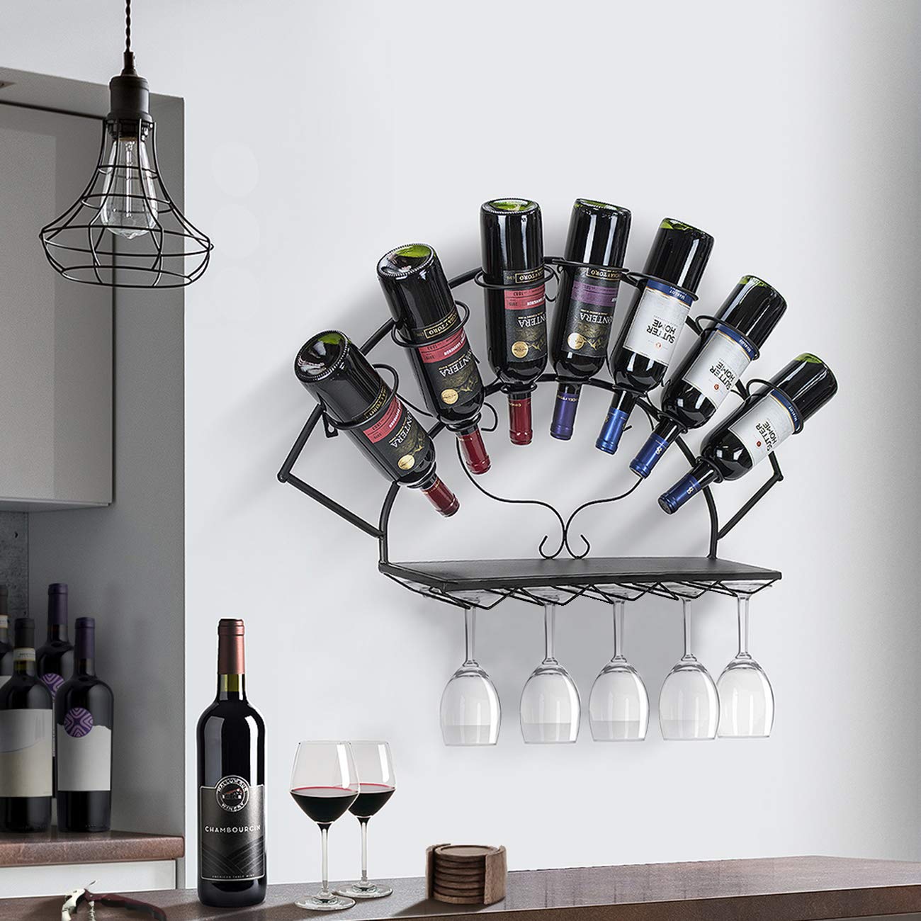 Sorbus® Wine Bottle Stemware Glass Rack Wall Mounted - Bordeaux Chateau Style - Holds 7 Bottles of Your Favorite Wine - Elegant Storage for Kitchen, Dining Room, Bar, or Wine Cellar (Black) - Image 5