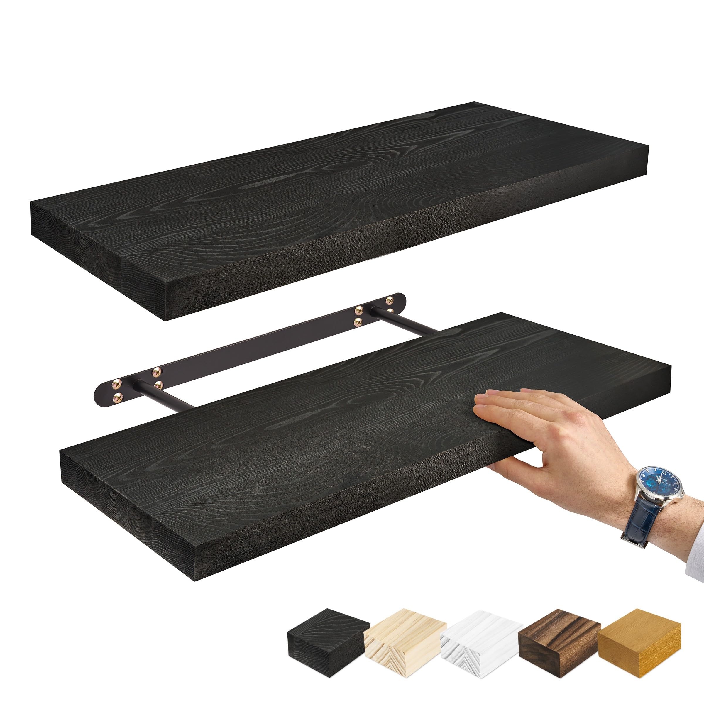 Sorbus Wood Floating Shelves for Wall - 24” Solid Wood Wall Shelves for Bathroom Decor, Books, Bedroom & Living Room - Set of 2 Black Wall Mounted Kitchen Shelves - Durable Solid Pine