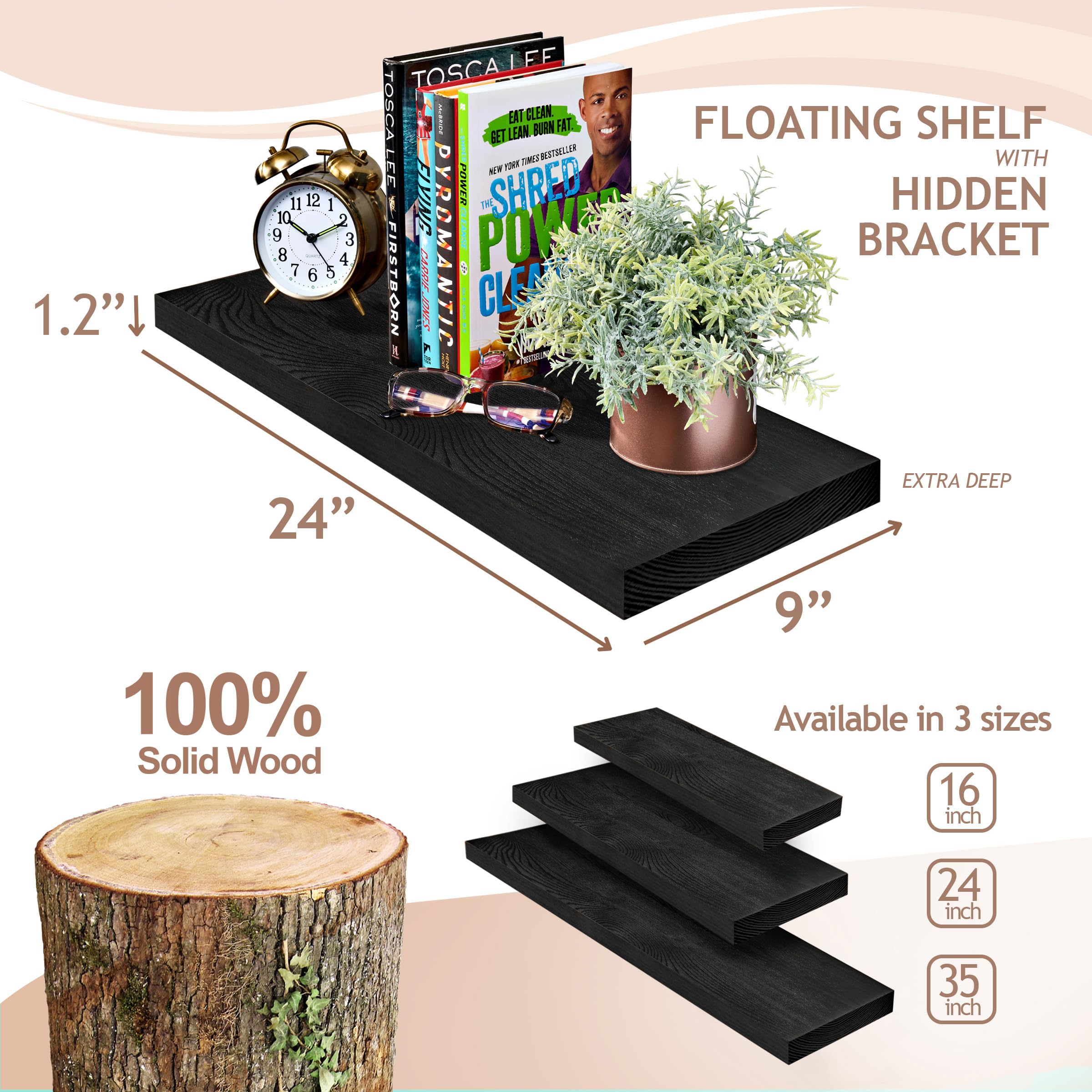 Sorbus Wood Floating Shelves for Wall - 24” Solid Wood Wall Shelves for Bathroom Decor, Books, Bedroom & Living Room - Set of 2 Black Wall Mounted Kitchen Shelves - Durable Solid Pine - Image 3