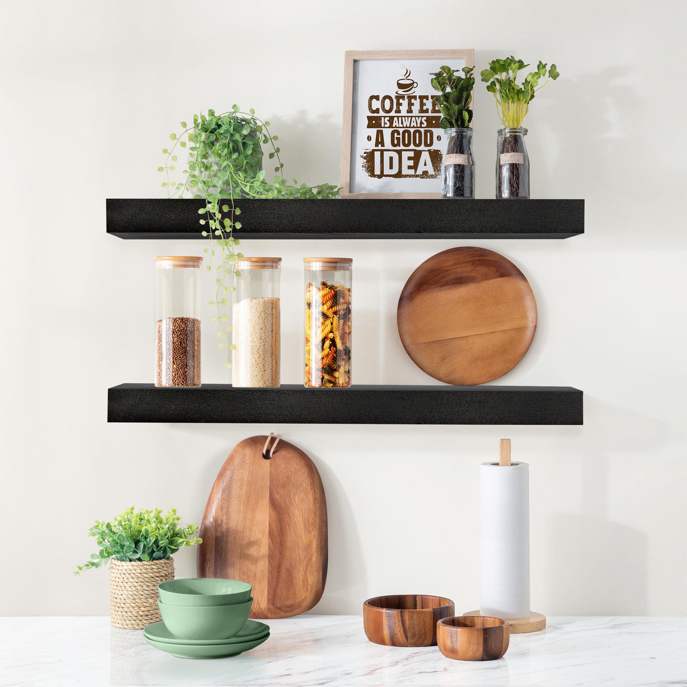 Sorbus Wood Floating Shelves for Wall - 24” Solid Wood Wall Shelves for Bathroom Decor, Books, Bedroom & Living Room - Set of 2 Black Wall Mounted Kitchen Shelves - Durable Solid Pine - Image 5