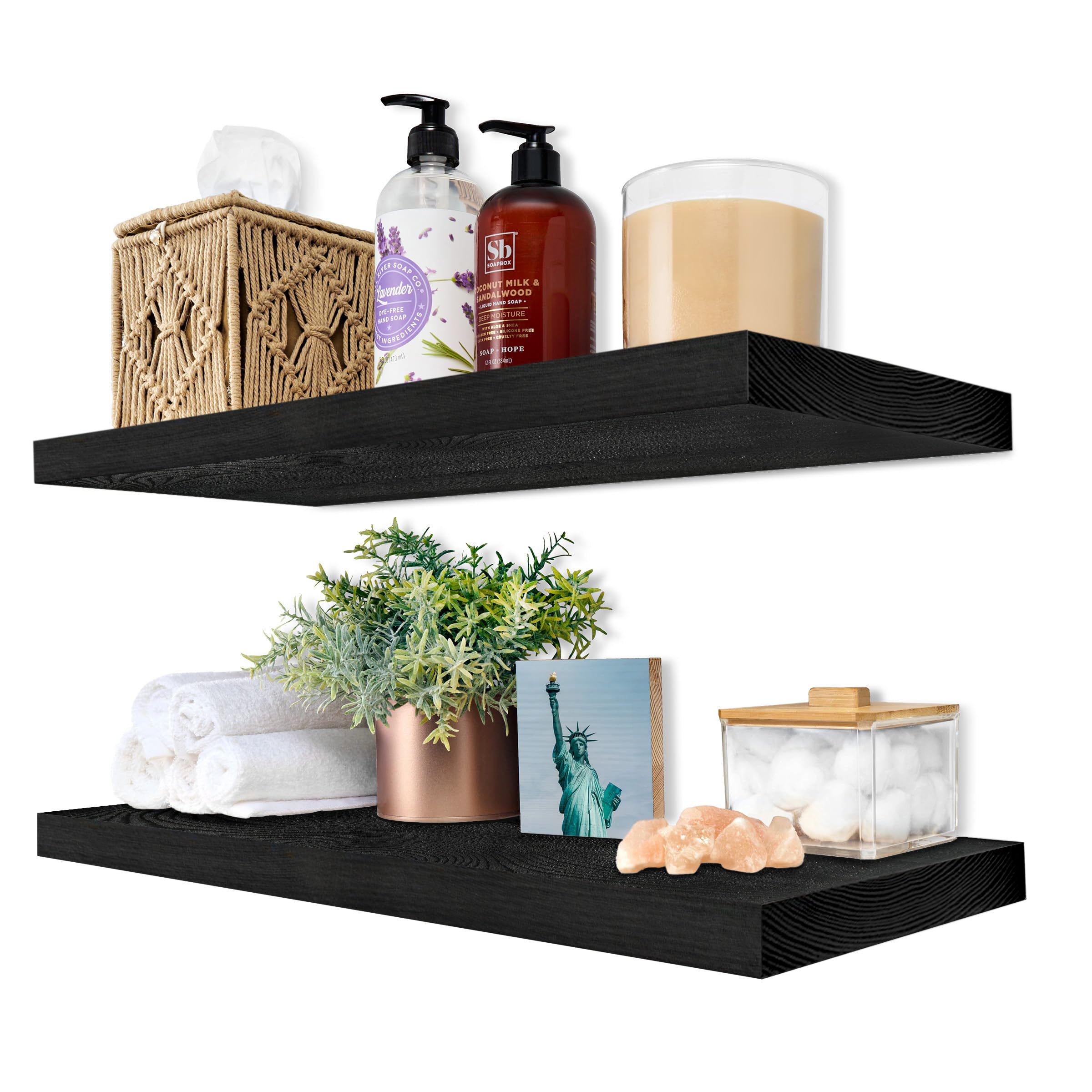 Sorbus Wood Floating Shelves for Wall - 24” Solid Wood Wall Shelves for Bathroom Decor, Books, Bedroom & Living Room - Set of 2 Black Wall Mounted Kitchen Shelves - Durable Solid Pine - Image 7