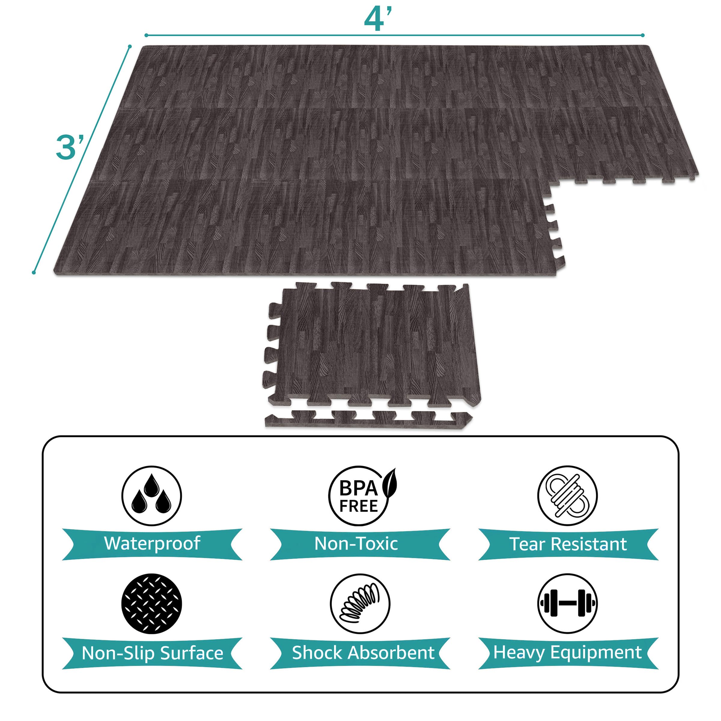 Sorbus Wood Grain Floor Mats Foam Interlocking Mats Each Tile 1 Square Foot 3/8-Inch Thick Flooring Mat Tiles - Home Office Playroom Basement Trade Show (16 Tiles,16 Sq ft, Wood Grain - Carbon) - Image 3