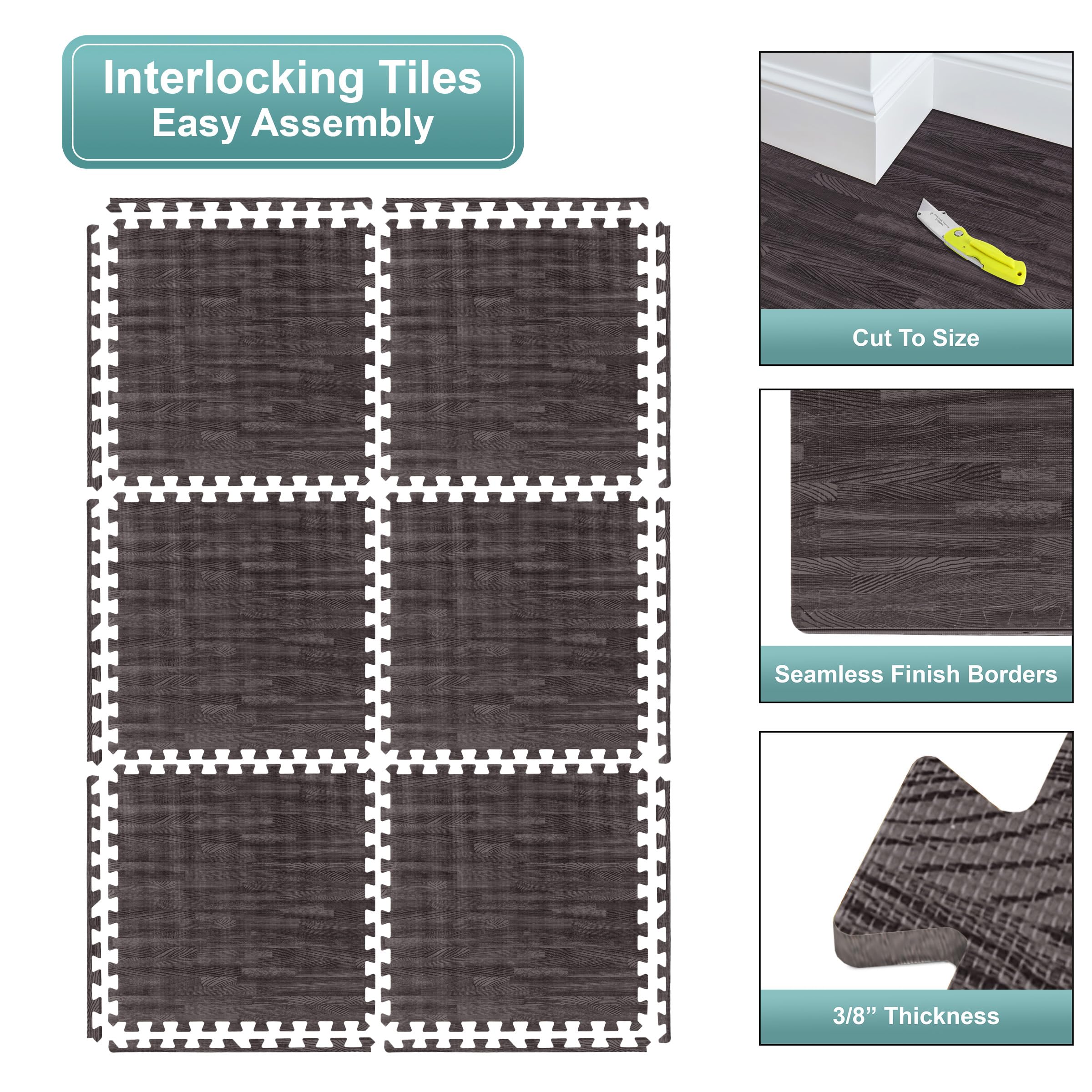 Sorbus Wood Grain Floor Mats Foam Interlocking Mats Each Tile 1 Square Foot 3/8-Inch Thick Flooring Mat Tiles - Home Office Playroom Basement Trade Show (16 Tiles,16 Sq ft, Wood Grain - Carbon) - Image 7
