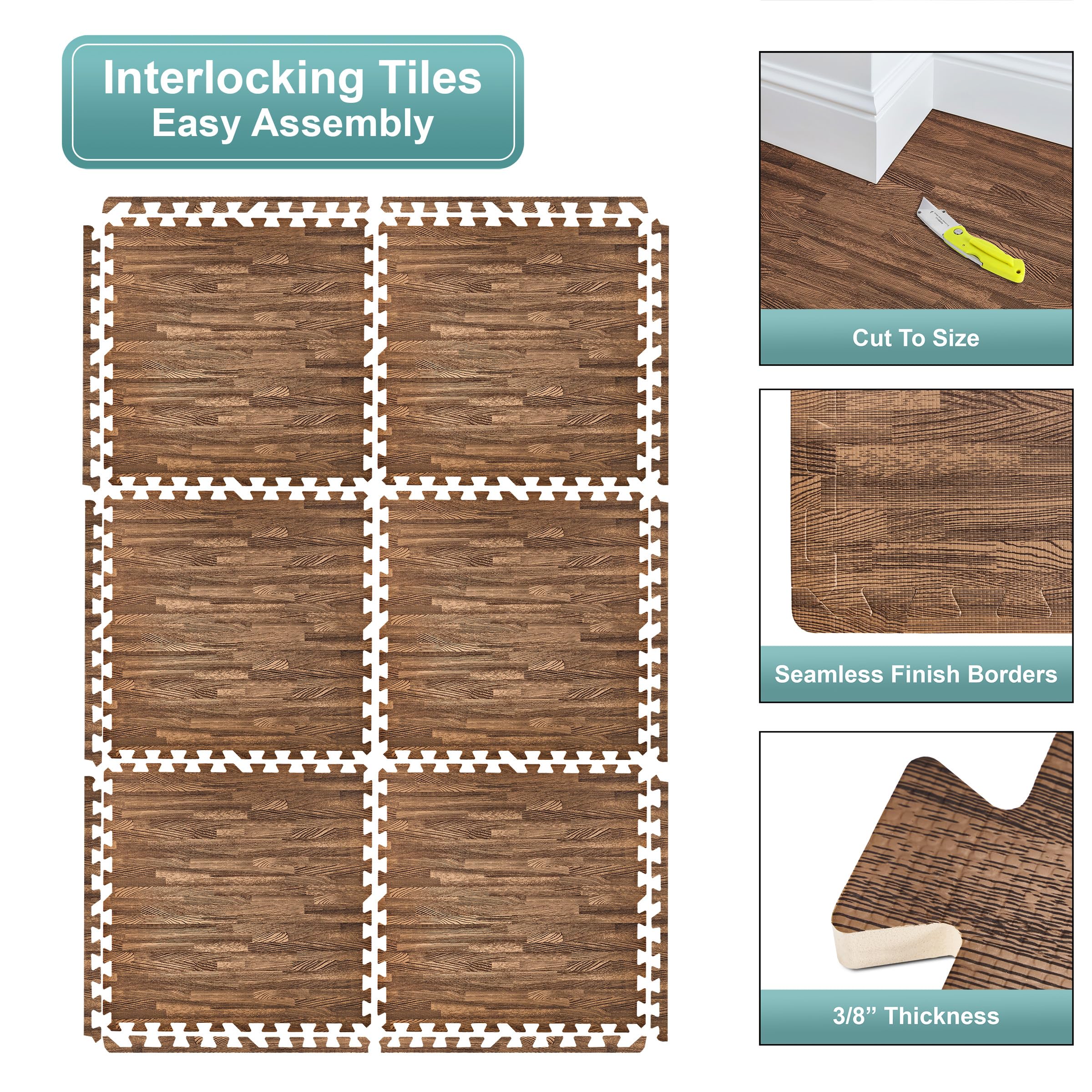 Sorbus Wood Grain Floor Tiles Foam Mat EVA Interlocking Mats Tile 3/8-Inch Thick Flooring Wood Puzzle Exercise Mats w/Borders - Home Playroom Basement, Apartment, Trade Show, Baby, Dance - Image 7