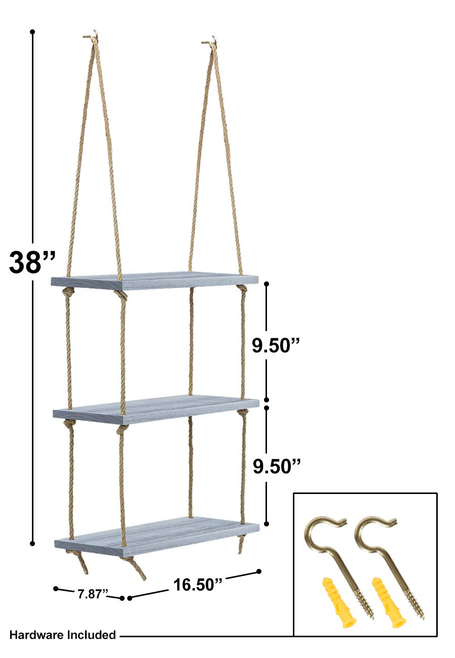 Sorbus Wood Hanging Shelf 3-Tier Rustic Wood Swing Storage Shelves Rope Organizer Rack, Floating Display Shelves (Grey) - Image 3