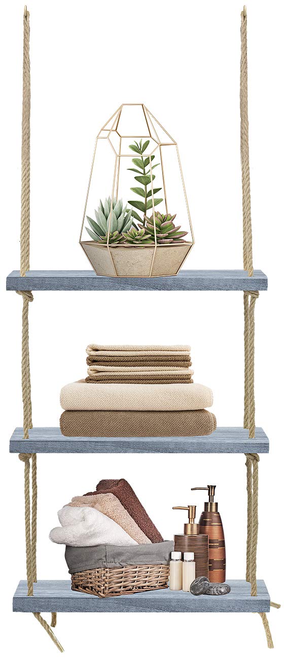 Sorbus Wood Hanging Shelf 3-Tier Rustic Wood Swing Storage Shelves Rope Organizer Rack, Floating Display Shelves (Grey) - Image 4