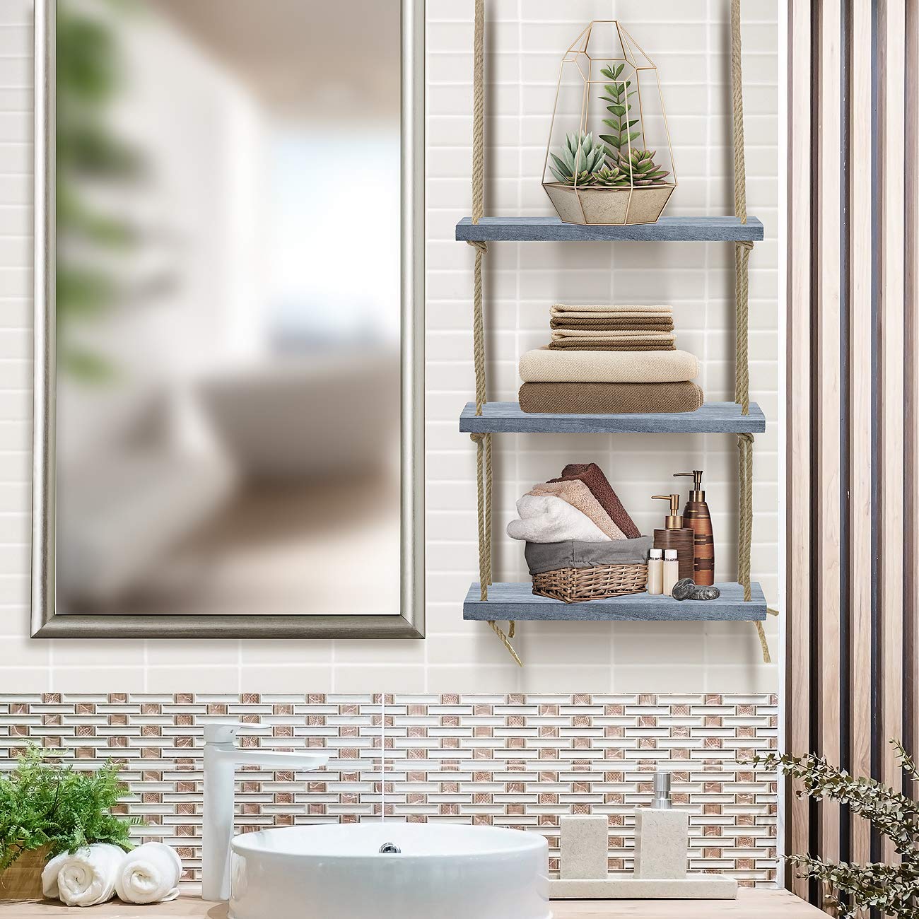 Sorbus Wood Hanging Shelf 3-Tier Rustic Wood Swing Storage Shelves Rope Organizer Rack, Floating Display Shelves (Grey) - Image 5