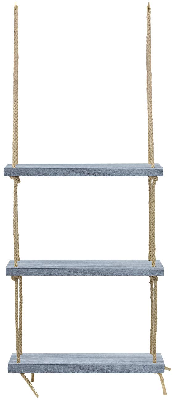 Sorbus Wood Hanging Shelf 3-Tier Rustic Wood Swing Storage Shelves Rope Organizer Rack, Floating Display Shelves (Grey) - Image 7